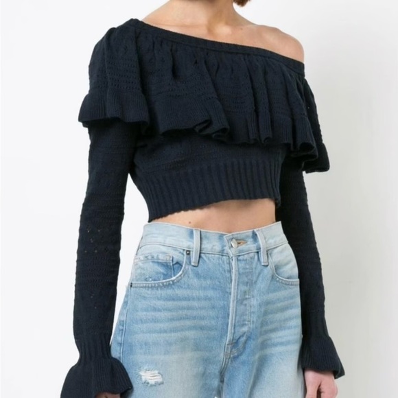 LoveShackFancy Rory Off the Shoulder Knit Ruffle Sweater - Picture 1 of 15